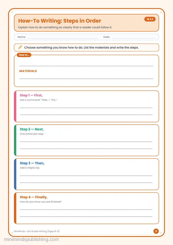 How-To Writing: Steps in Order — free printable 3rd Grade worksheet
