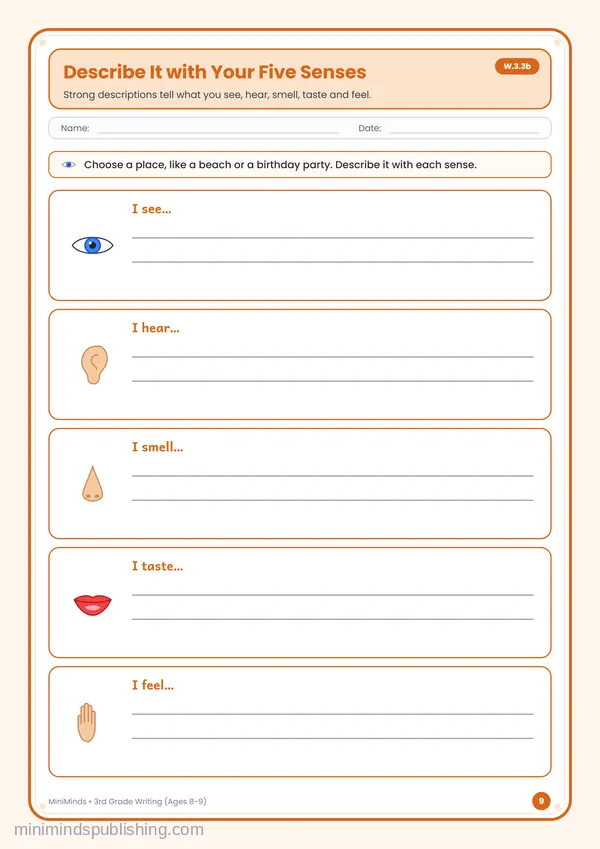 Describe It with Your Five Senses — free printable 3rd Grade worksheet