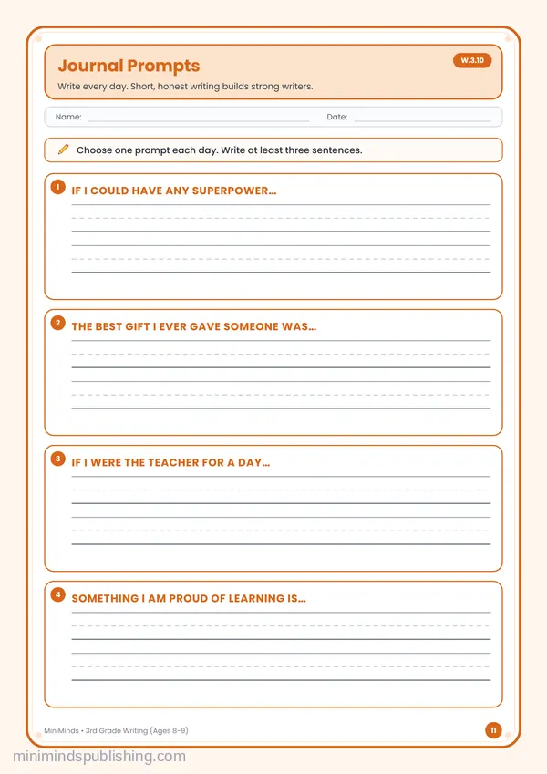 Journal Prompts — free printable 3rd Grade worksheet