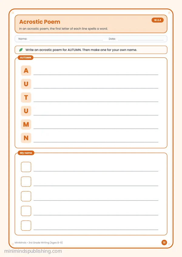 Acrostic Poem — free printable 3rd Grade worksheet