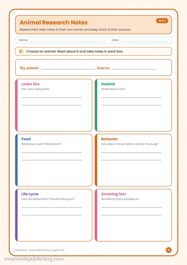 Animal Research Notes — free printable 3rd Grade worksheet