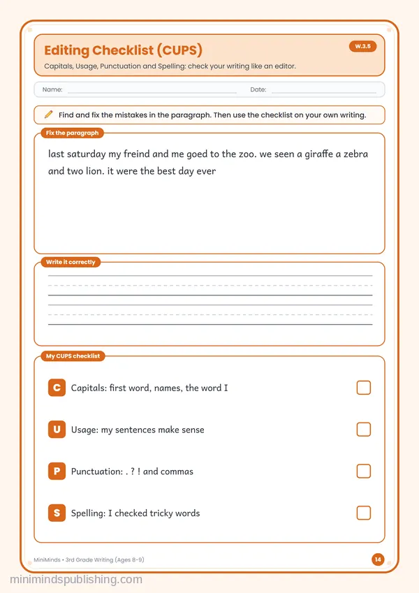 Editing Checklist (CUPS) — free printable 3rd Grade worksheet