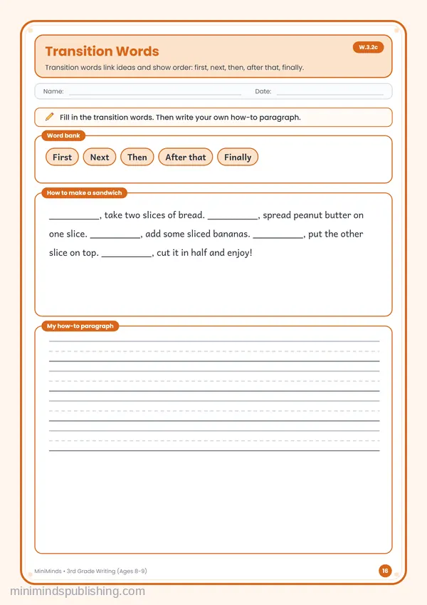 Transition Words — free printable 3rd Grade worksheet