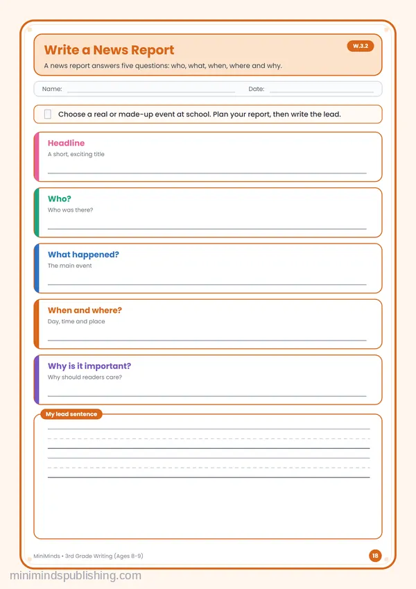 Write a News Report — free printable 3rd Grade worksheet