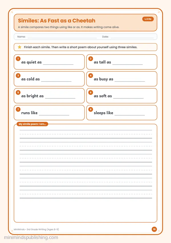 Similes: As Fast as a Cheetah — free printable 3rd Grade worksheet
