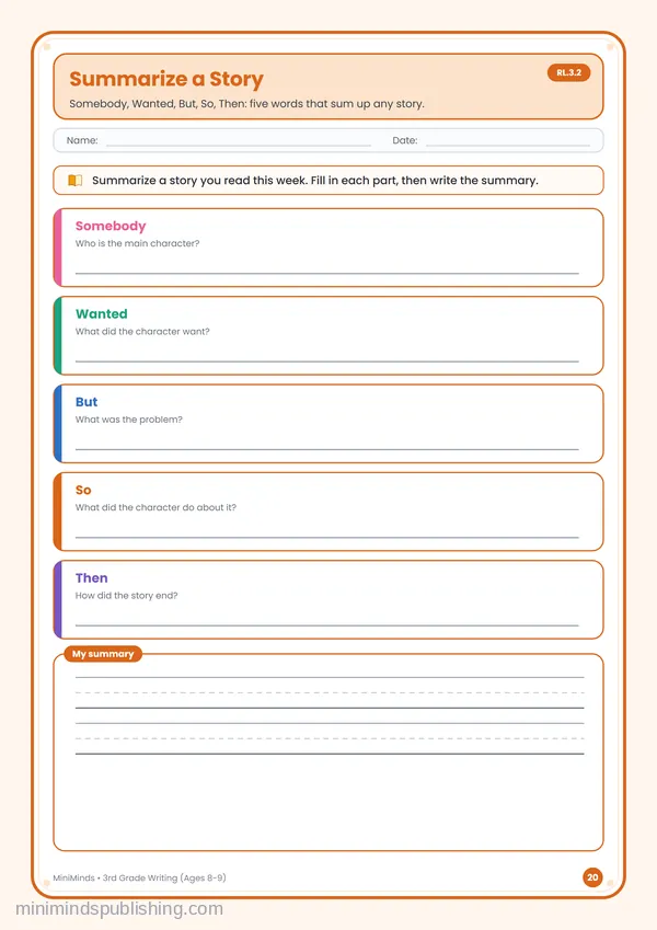 Summarize a Story — free printable 3rd Grade worksheet
