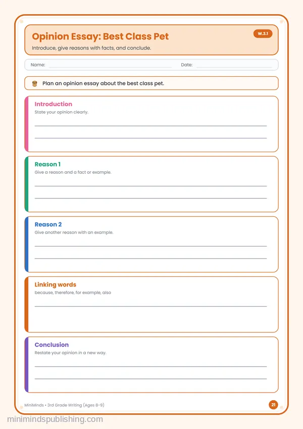 Opinion Essay: Best Class Pet — free printable 3rd Grade worksheet