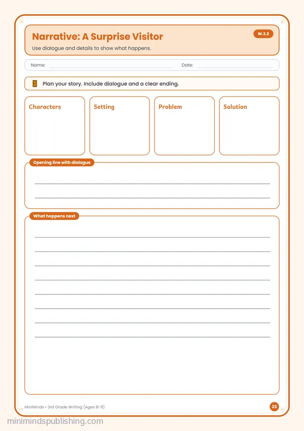 Narrative: A Surprise Visitor — free printable 3rd Grade worksheet