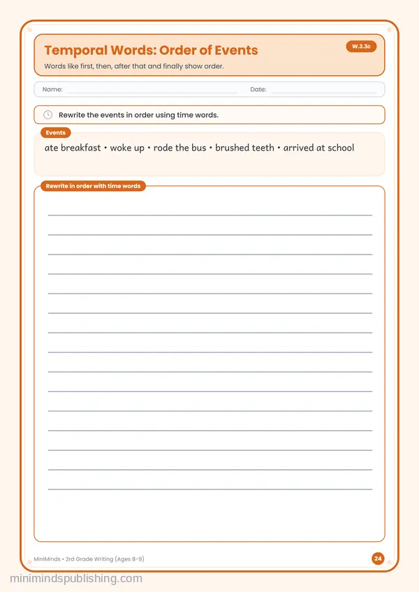 Temporal Words: Order of Events — free printable 3rd Grade worksheet