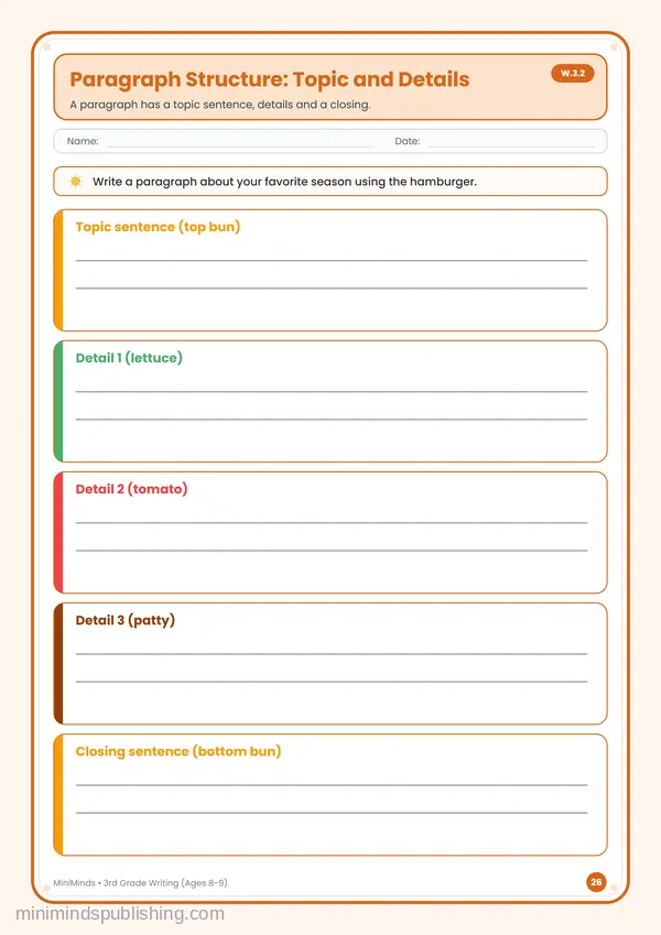 Paragraph Structure: Topic and Details — free printable 3rd Grade worksheet