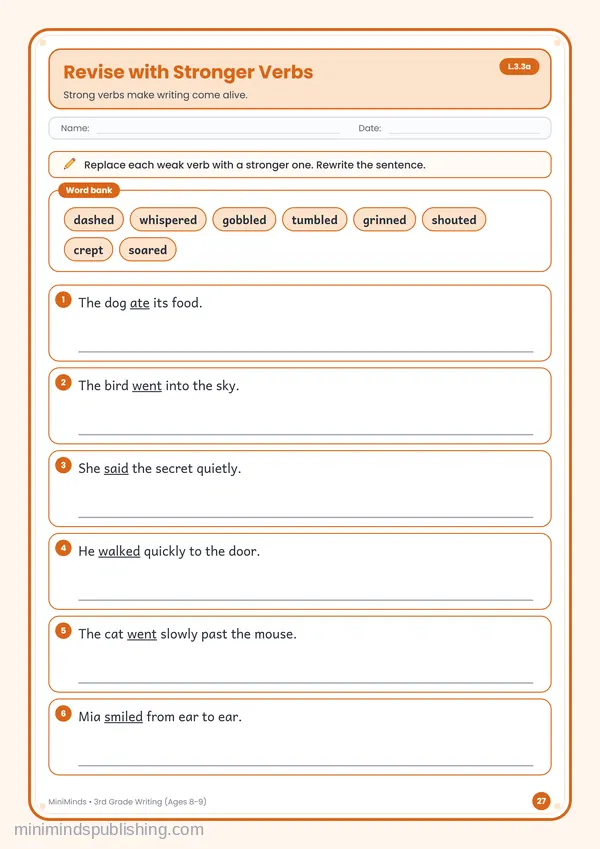Revise with Stronger Verbs — free printable 3rd Grade worksheet