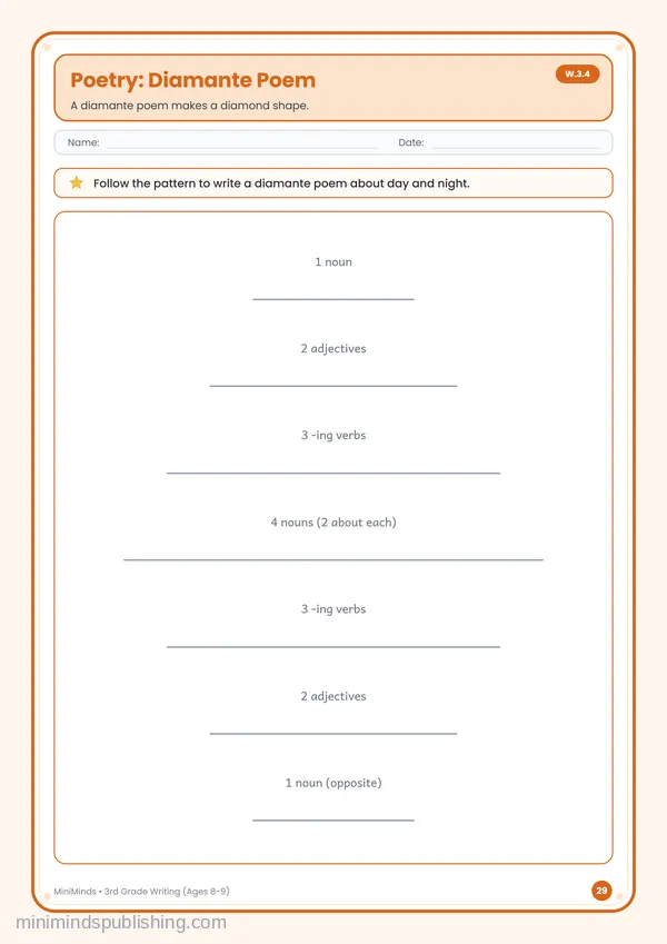 Poetry: Diamante Poem — free printable 3rd Grade worksheet