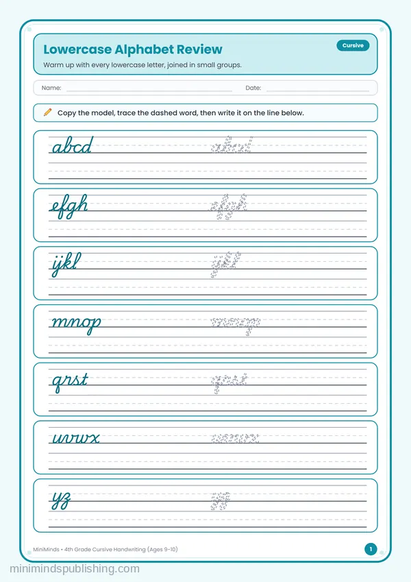 Lowercase Alphabet Review — free printable 4th Grade worksheet