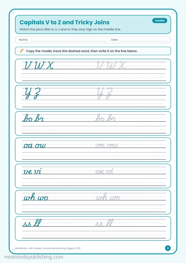 Capitals V to Z and Tricky Joins — free printable 4th Grade worksheet