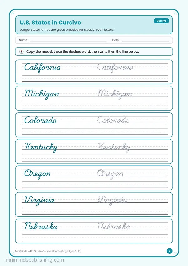U.S. States in Cursive — free printable 4th Grade worksheet