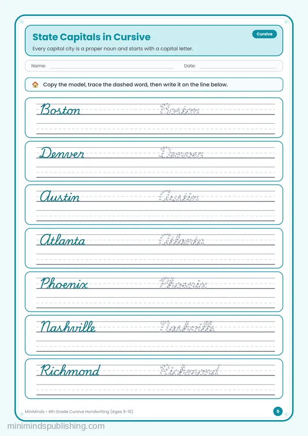 State Capitals in Cursive — free printable 4th Grade worksheet
