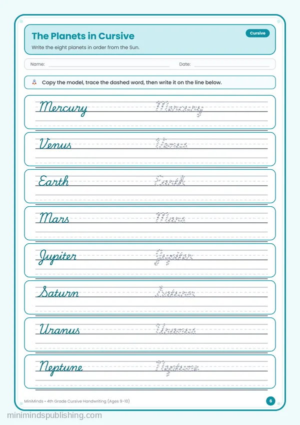 The Planets in Cursive — free printable 4th Grade worksheet