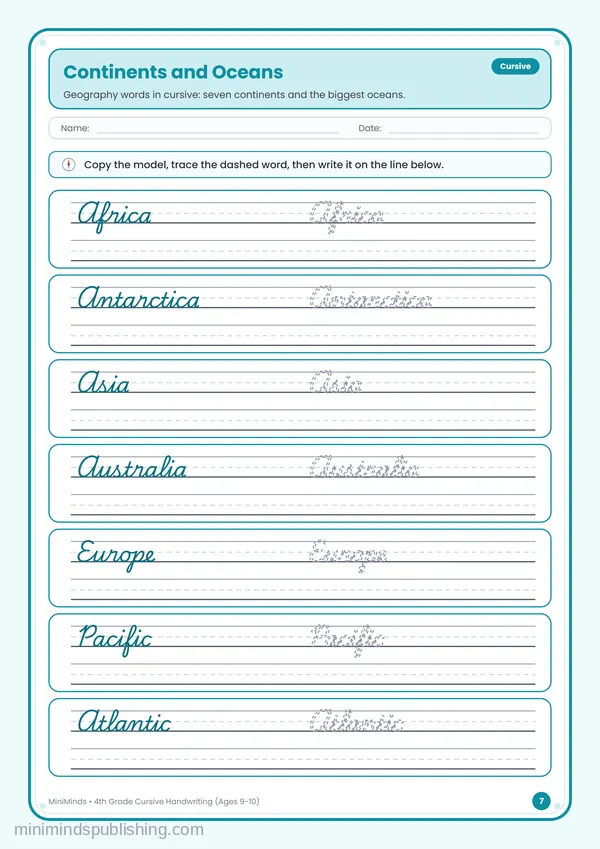 Continents and Oceans — free printable 4th Grade worksheet