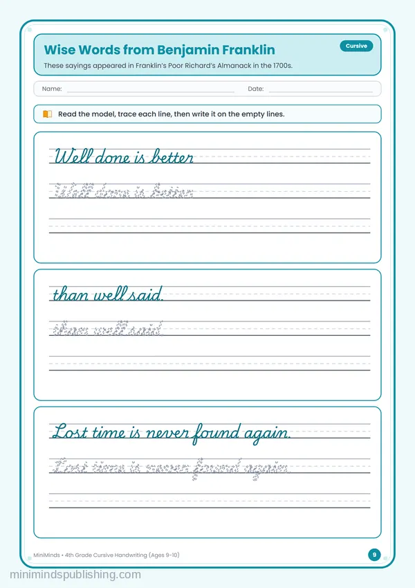 Wise Words from Benjamin Franklin — free printable 4th Grade worksheet