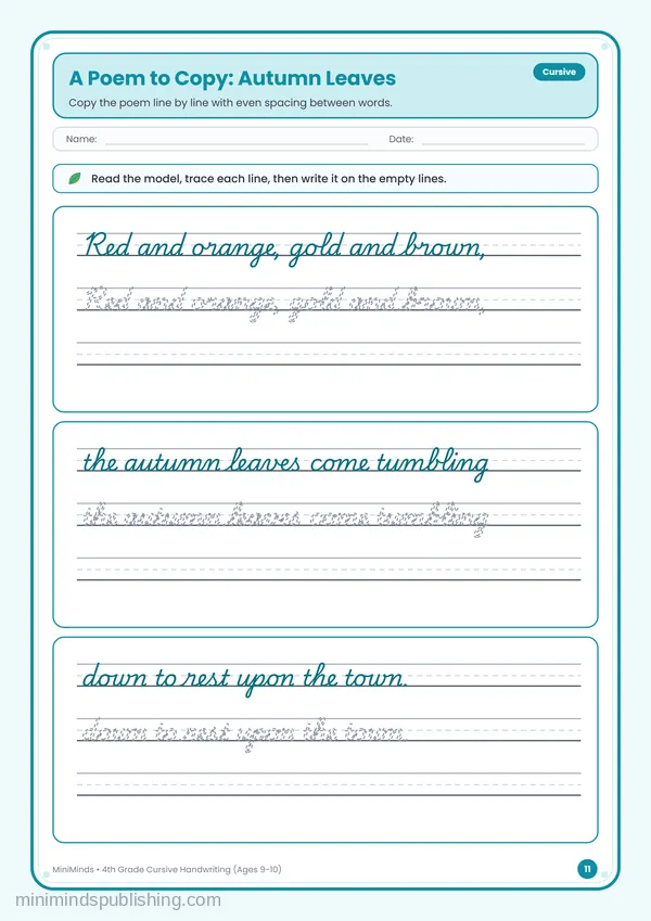 A Poem to Copy: Autumn Leaves — free printable 4th Grade worksheet