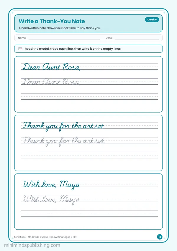 Write a Thank-You Note — free printable 4th Grade worksheet