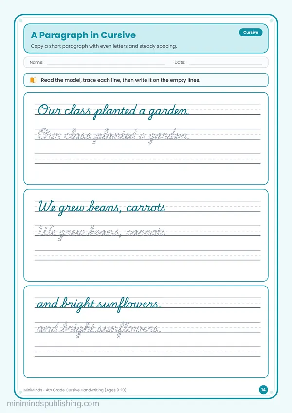 A Paragraph in Cursive — free printable 4th Grade worksheet