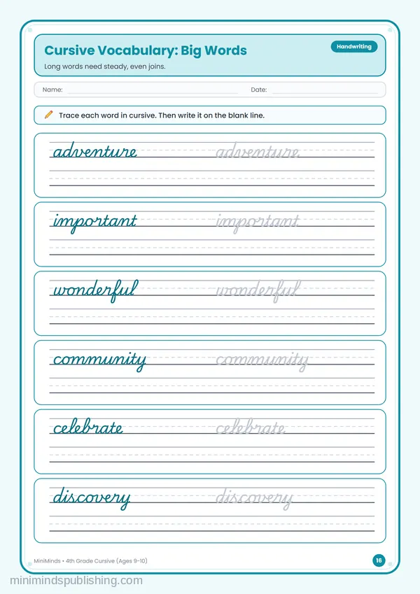 Cursive Vocabulary: Big Words — free printable 4th Grade worksheet