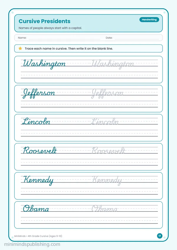 Cursive Presidents — free printable 4th Grade worksheet