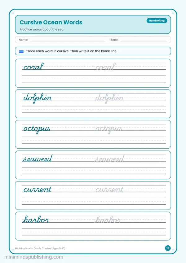 Cursive Ocean Words — free printable 4th Grade worksheet