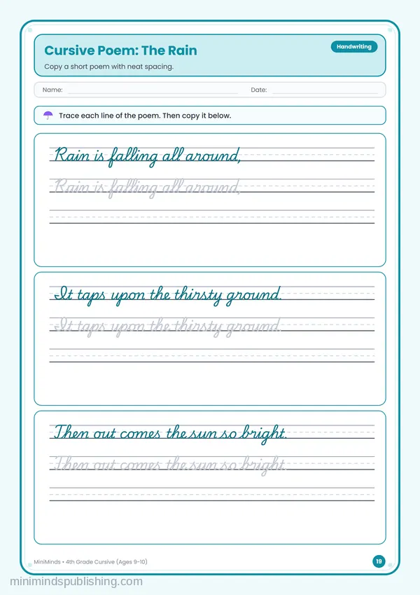 Cursive Poem: The Rain — free printable 4th Grade worksheet