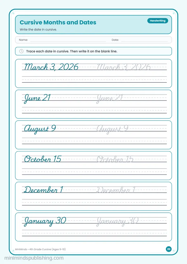 Cursive Months and Dates — free printable 4th Grade worksheet