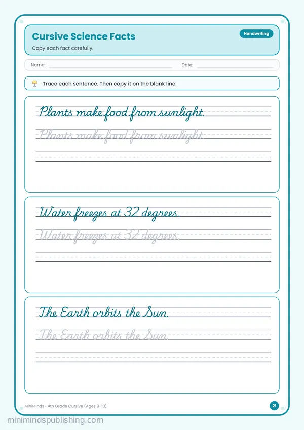 Cursive Science Facts — free printable 4th Grade worksheet