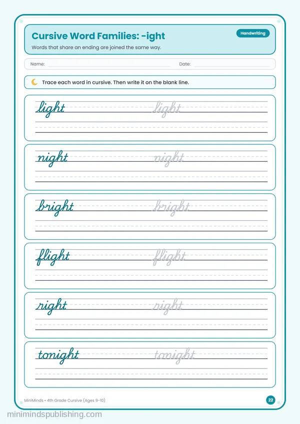Cursive Word Families: -ight — free printable 4th Grade worksheet
