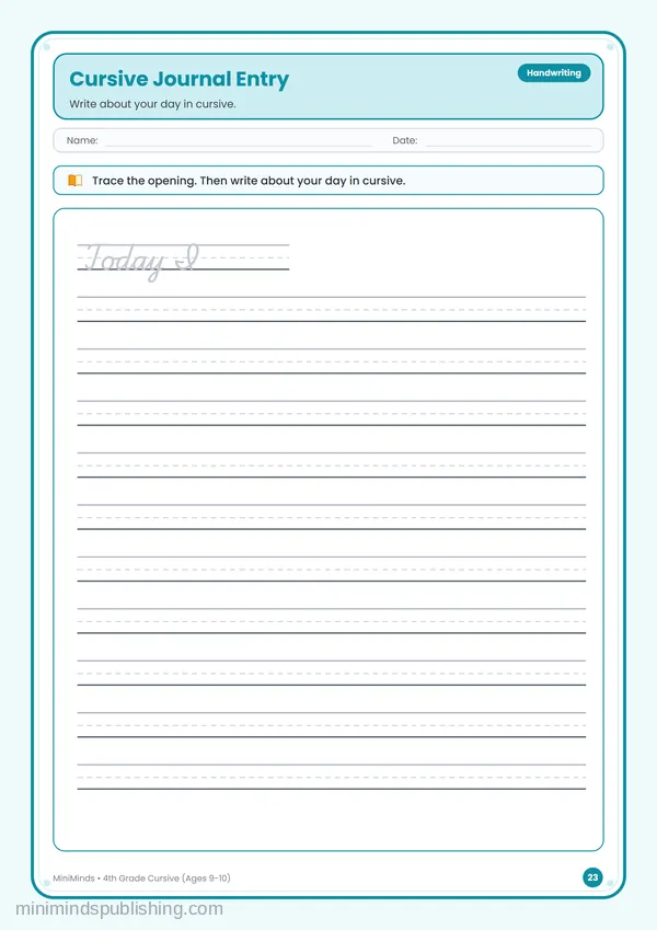Cursive Journal Entry — free printable 4th Grade worksheet