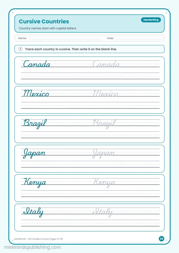 Cursive Countries — free printable 4th Grade worksheet