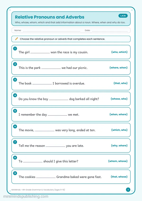 Relative Pronouns and Adverbs — free printable 4th Grade worksheet