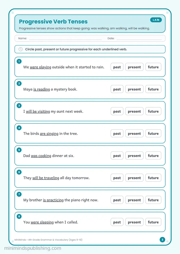 Progressive Verb Tenses — free printable 4th Grade worksheet