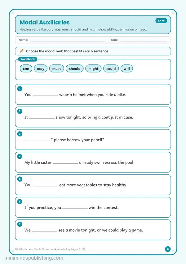 Modal Auxiliaries — free printable 4th Grade worksheet