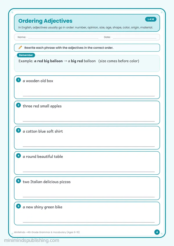 Ordering Adjectives — free printable 4th Grade worksheet