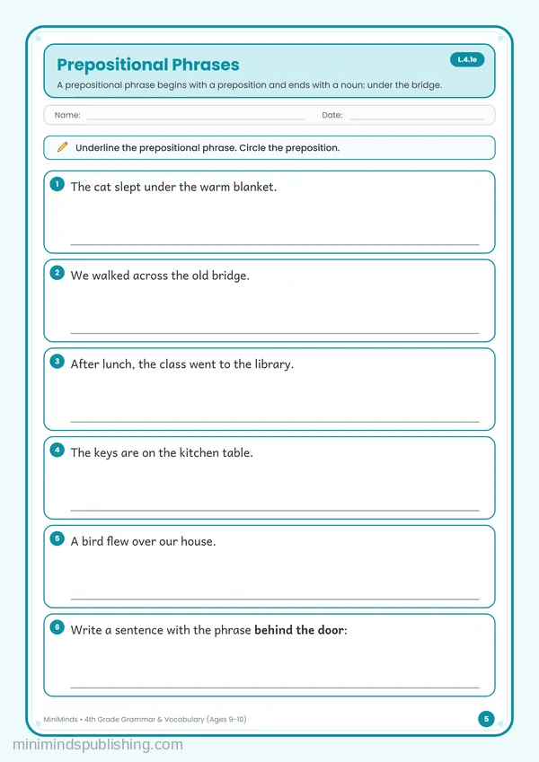 Prepositional Phrases — free printable 4th Grade worksheet