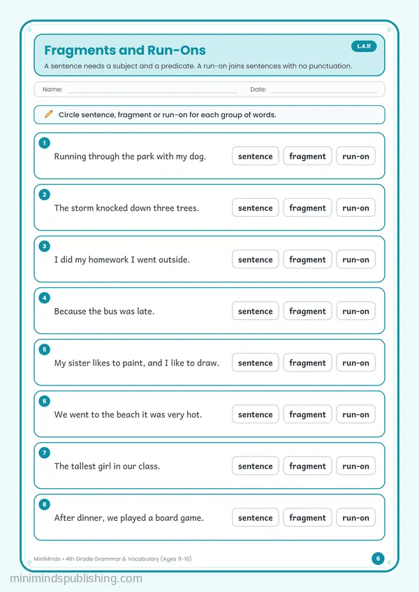 Fragments and Run-Ons — free printable 4th Grade worksheet
