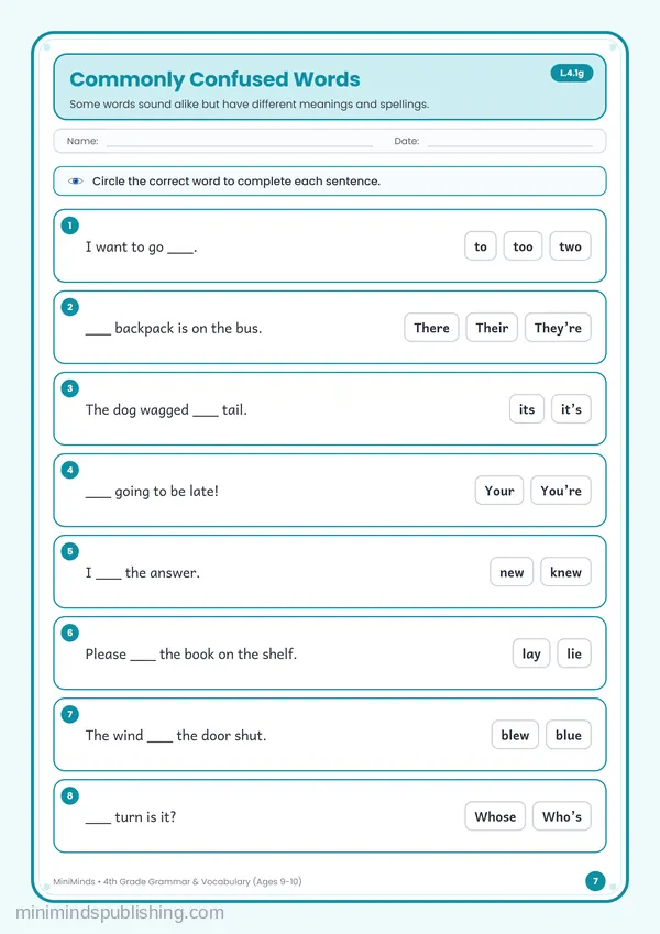 Commonly Confused Words — free printable 4th Grade worksheet