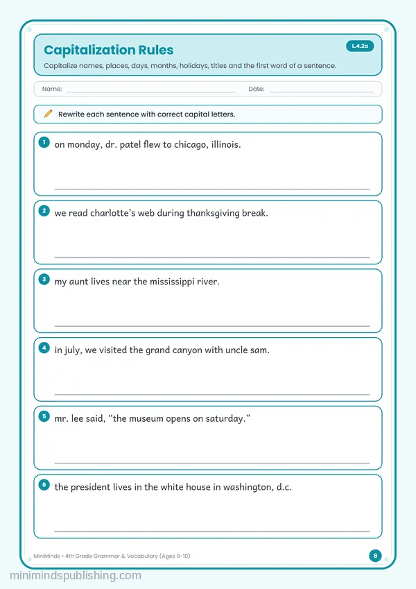 Capitalization Rules — free printable 4th Grade worksheet