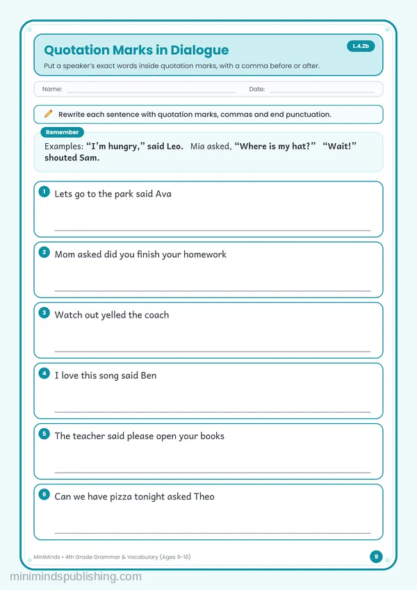 Quotation Marks in Dialogue — free printable 4th Grade worksheet
