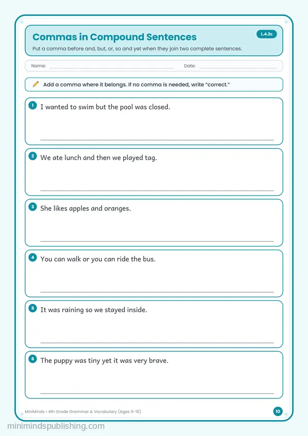 Commas in Compound Sentences — free printable 4th Grade worksheet