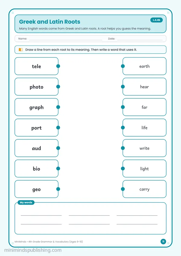 Greek and Latin Roots — free printable 4th Grade worksheet