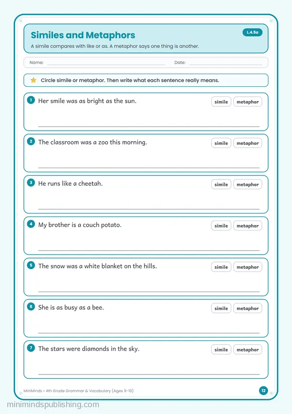 Similes and Metaphors — free printable 4th Grade worksheet