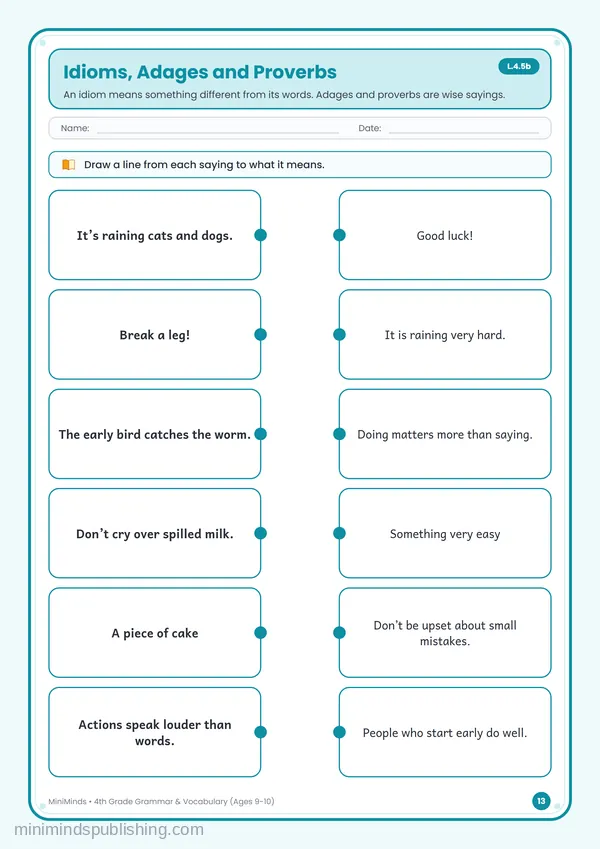 Idioms, Adages and Proverbs — free printable 4th Grade worksheet