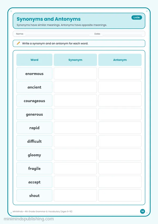 Synonyms and Antonyms — free printable 4th Grade worksheet