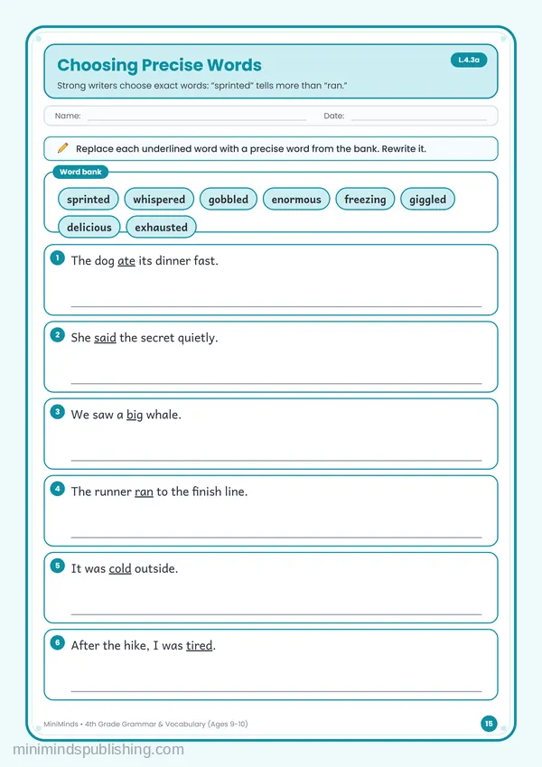 Choosing Precise Words — free printable 4th Grade worksheet
